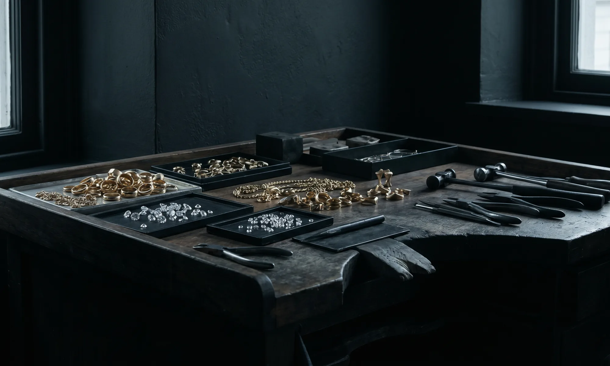 Tools and jewellery on the atelier workbench