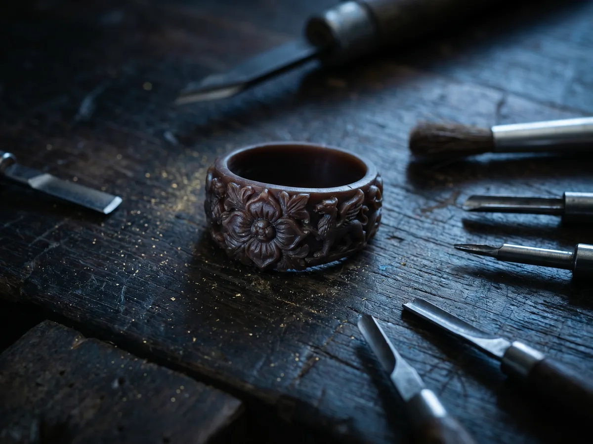 A carved wax model of a ring on the jeweller's bench.