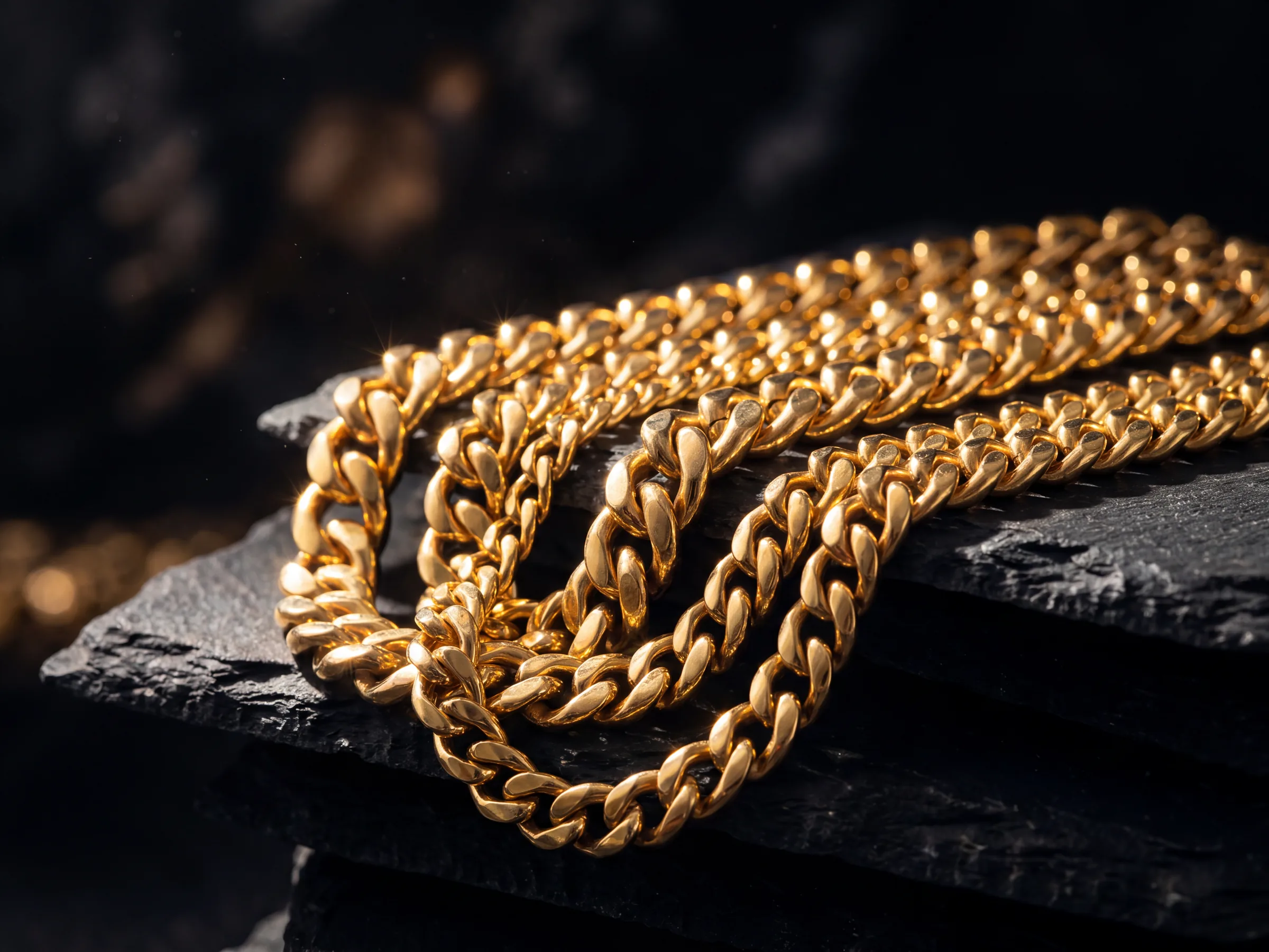 Layered gold Cuban link chains on dark stone.
