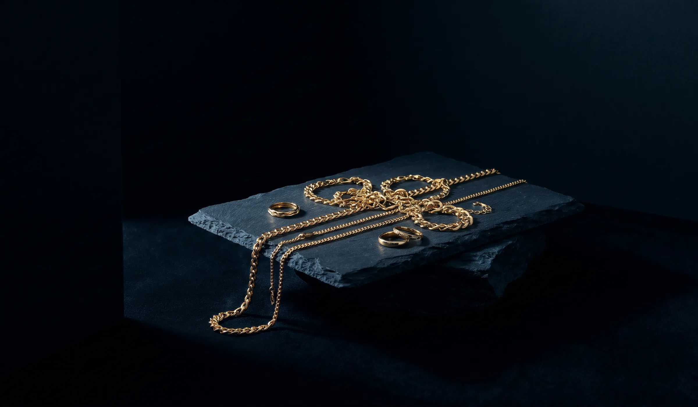 Finished gold chains and rings arranged on dark stone.